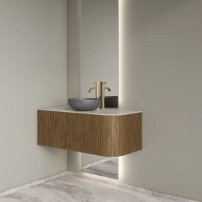 Gliss Design Alluro badmeubel ribbelfront met ronding rechts 100cm castle brown en wit marmer toppaneel