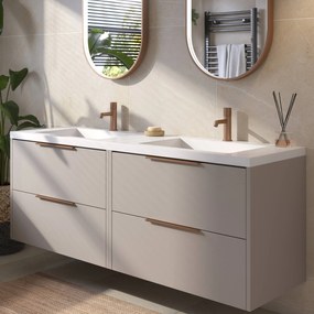 Saqu Lima badmeubel incl. dubbele glans witte wastafel 160x52x64cm mat greige – koperen greep