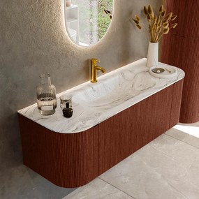 Mondiaz Kurve-dlux 130cm badmeubel ronding links/rechts ruby met 1 lade en 2 deuren en wastafel big small midden 1 kraangat glace