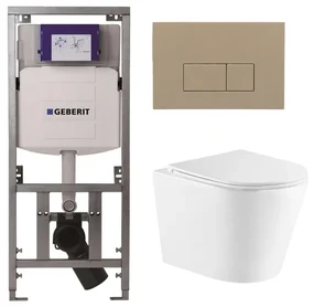 QeramiQ Dely Toiletset - 36.3x51.7cm - diepspoel - rimless - Geberit UP320 Burda inbouwreservoir - softclose toiletzitting - bedieningsplaat taupe - rechtehoekige knoppen - wit glans SW543431/0701131/SW1102379