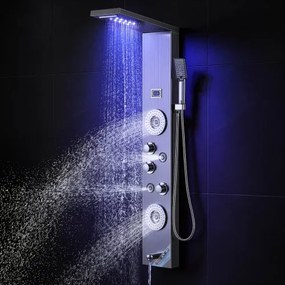 VEVOR Douchepaneelsysteem, 6 douchestanden, LED- en display-douchepaneeltoren, regenval, waterval, 4 lichaamsmassagejets, baduitloop, handdouche, 149 cm slang, wandgemonteerde doucheset