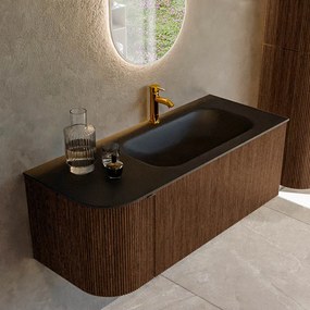 Mondiaz Kurve 115cm badmeubel ronding links walnut met 1 lade en deur en wastafel big small kraangat rechts urban