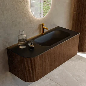 Mondiaz Kurve 115cm badmeubel ronding links walnut met 1 lade en deur en wastafel big small kraangat rechts urban