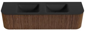 Mondiaz Kurve 170cm badmeubel ronding links/rechts walnut met 1 lade en 2 deuren en wastafel cloud dubbel zonder kraangat urban
