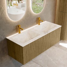 Mondiaz Kurve-dlux 120cm badmeubel dusk met 1 lade en wastafel leaf dubbel 2 kraangaten frappe