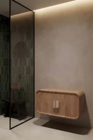 Hangend Badkamermeubelset 95x45 Cm Van Mangohout En Natuurlijke Kivalina-steen Travertijn - Mangohout & Without Sink & Spiegelloze & Zonder Kraan -