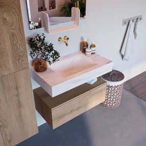 Mondiaz Alan DLux badmeubel 80cm washed oak 1 lade met wastafel ostra midden zonder kraangat