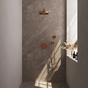 Brauer Stripe inbouw regendouche rond met 25cm hoofddouche, rechte muurarm en 3 standen handdouche set 40 koper geborsteld PVD