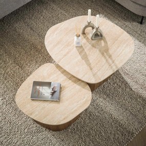 Salontafelset Travertin En Hout - 85 X 79cm.