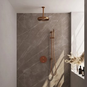 Brauer Stripe inbouw regendouche rond met 25cm hoofddouche, rond met plafondarm, glijstang en staafhanddouche set 45 koper geborsteld PVD