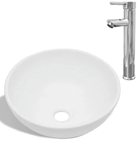vidaXL Badkamerwastafel met mengkraan rond keramiek wit