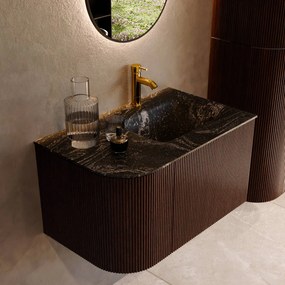 Mondiaz Kurve-dlux 75cm badmeubel ronding links ruby met 1 lade en deur en wastafel grunne kraangat rechts lava