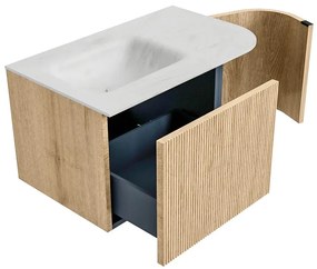 Mondiaz Kurve-dlux 75cm badmeubel ronding rechts oak met 1 lade en deur en wastafel grunne kraangat links opalo