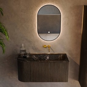 Mondiaz Kurve-dlux 95cm badmeubel ronding links shadow met 1 lade en deur en wastafel big small rechts zonder kraangat lava