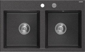 Mexen Hektor granieten gootsteen 2-kamer 800 x 480 mm, zwart gespikkeld, chromen sifon - 6521802000-76