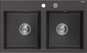 Mexen Hektor granieten gootsteen 2-kamer 800 x 480 mm, zwart gespikkeld, chromen sifon - 6521802000-76