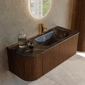 Mondiaz Kurve-dlux 115cm badmeubel ronding links walnut met 1 lade en deur en wastafel big small kraangat rechts lava