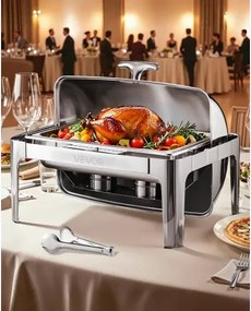 VEVOR Chafing Dish Set RVS Voedselwarmer met Pannen van Volledig Fornuis (8,5 L), Rechthoekige Warmtedispenser met Roldeksel, Waterpanstandaard en Brandstofhouder, voor Buffet Zilver
