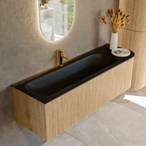 Mondiaz Kurve 145cm badmeubel ronding rechts oak met 1 lade en deur en wastafel big large kraangat links urban