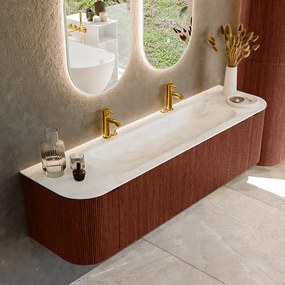 Mondiaz Kurve-dlux 170cm badmeubel ronding links/rechts ruby met 1 lade en 2 deuren en wastafel big large midden 2 kraangaten ostra
