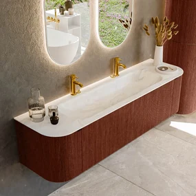 Mondiaz Kurve-dlux 170cm badmeubel ronding links/rechts ruby met 1 lade en 2 deuren en wastafel big large midden 2 kraangaten ostra