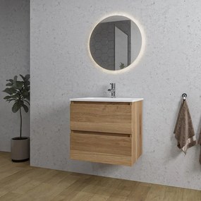 Adema Chaci Badkamermeubelset - 60x46x57cm - 1 keramische wasbak wit - 1 kraangat - 2 lades - ronde spiegel met verlichting - eiken SW1212759/SW804530/SW108325
