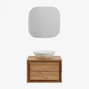 Jabari Teakhouten Badkamermeubelset Teakhout & Rond Cement Wit Ø40 Cm Zavion & Vierkant Led En Anticondens 75x75 Cm Riben & Zonder Kraan - Sklum