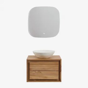 Jabari Zwevend Badkamermeubelset Van Teakhout Teakhout & Rond Cement Wit Ø40 Cm Zavion & Vierkant Led En Anticondens 75x75 Cm Riben & Zonder Kraan -
