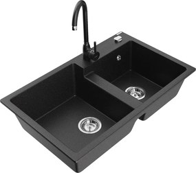 Mexen Tomas granieten gootsteen met 2 kamers en keukenkraan Telma, zwart/zilveren metallic - 6516-73-670200-70