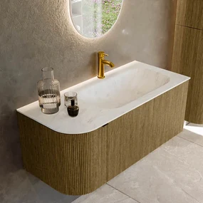 Mondiaz Kurve-dlux 105cm badmeubel ronding links dusk met 1 lade en deur en wastafel big small kraangat rechts opalo