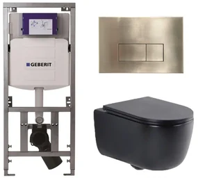 QeramiQ Dely Swirl Toiletset - 36.3x51.7cm - Geberit UP320 Burda inbouwreservoir - slim zitting - geborsteld messing bedieningsplaat - rechthoekige knoppen - mat zwart 0701131/SW706201/SW1000768/SW1026258