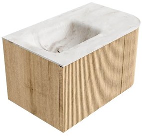 Mondiaz Kurve-dlux 75cm badmeubel ronding rechts oak met 1 lade en deur en wastafel grunne kraangat links frappe