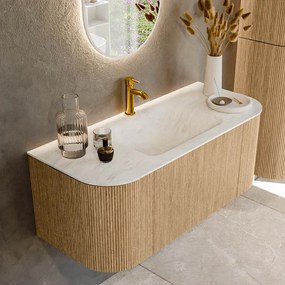 Mondiaz Kurve-dlux 110cm badmeubel ronding links/rechts oak met 1 lade en 2 deuren en wastafel cloud midden 1 kraangat opalo