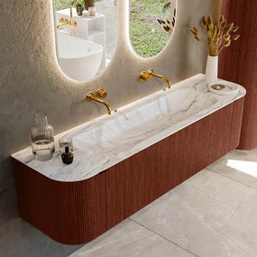 Mondiaz Kurve-dlux 170cm badmeubel ronding links/rechts ruby met 1 lade en 2 deuren en wastafel big large midden zonder kraangat glace