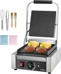 VEVOR Commerciële Contactgrill 1800W Elektrische Grill Sandwich Maker Paninipers Gemaakt van roestvrij staal met handvat en temperatuurregeling, 22 x 23 cm Platte geëmailleerde plaat (enkel), voor hamburger, steak en spek