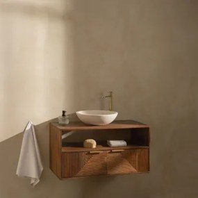 Baty Mangohouten Badkamermeubelset Mangohout & Rond Cement Wit Ø40 Cm Zavion & Spiegelloze & Goud ↑30 Cm Met Aftapkraan Zonder Overloop Alameda -