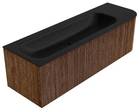 Mondiaz Kurve 145cm badmeubel ronding rechts walnut met 1 lade en deur en wastafel big large kraangat links urban