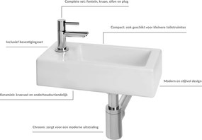 Saqu Combi-Pack M fonteinset met chromen kraan links glanzend wit keramiek