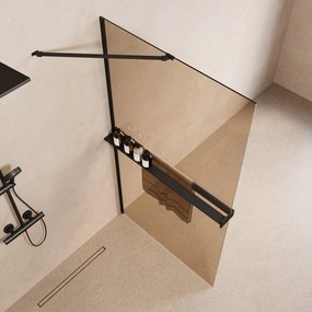 Saniclear Oblique inloopdouche 80cm met handdoekhouder en bronsglas zwart mat
