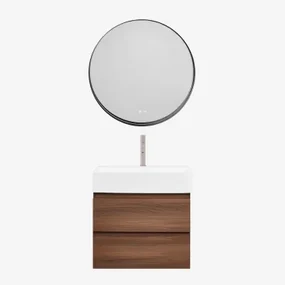 Badkamermeubelset Van Hout En Essenhoutfineer Met Geïntegreerde Wastafel Ona Donker Hout & Round Led And Antifog Zwart Ø80 Cm Kimacs - Sklum