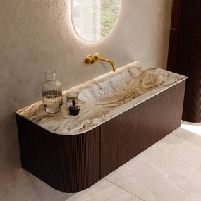 Mondiaz Kurve-dlux 115cm badmeubel ronding links ruby met 1 lade en deur en wastafel big small rechts zonder kraangat glace