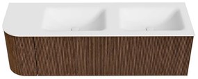 Mondiaz Kurve 145cm badmeubel ronding links walnut met 1 lade en deur en wastafel cloud dubbel/rechts zonder kraangat
