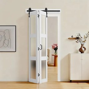 VEVOR Vouwschuifdeur in schuurstijl 914x2134 mm, vouwdeur gemaakt van MDF + gehard glas, inclusief beslag, ruimtebesparend ontwerp, voorgemonteerde panelen voor slaapkamer en woonkamer, wit