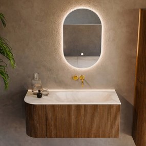 Mondiaz Kurve-dlux 105cm badmeubel ronding links dusk met 1 lade en deur en wastafel big small rechts zonder kraangat ostra