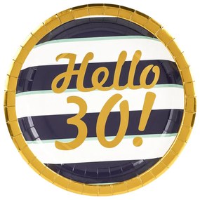 Bordjes Hello 30! - blauw/goud/wit - set van 8