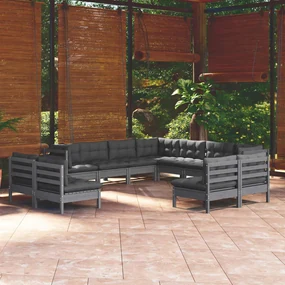 vidaXL 11-delige Loungeset met kussens massief grenenhout grijs