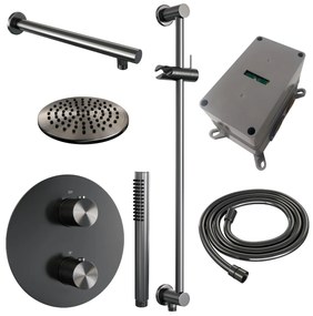 Brauer Gunmetal Carving thermostatische inbouw regendouche met staafhanddouche, rechte muurarm, glijstang en hoofddouche 20cm set 85 gunmetal geborsteld PVD