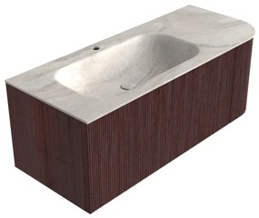 Mondiaz Kurve-dlux 115cm badmeubel ronding rechts ruby met 1 lade en deur en wastafel big small kraangat links ostra