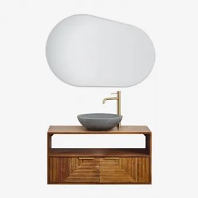 Badkamermeubelset Van Mangohout Baty Mangohout & Rond Grijs Cement Ø40 Cm Tarsis & Ovaal Led En Anticondens 100x80 Cm Meunier & Goud - Sklum