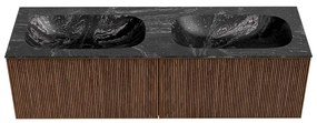 Mondiaz Kurve-dlux 150cm badmeubel walnut met 2 lades en wastafel stor small dubbel zonder kraangat lava